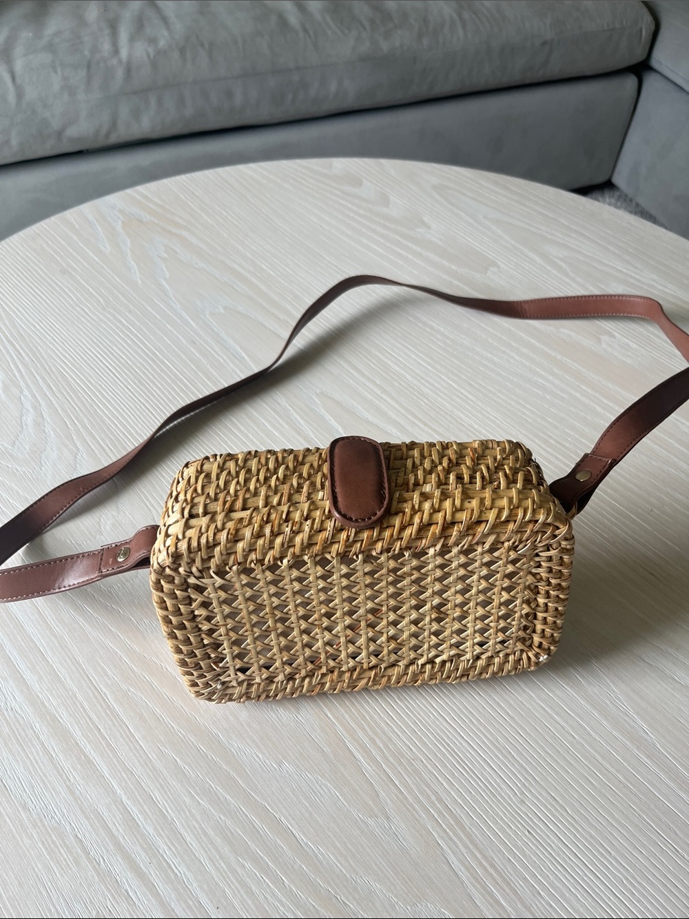 Women’s Woven Straw Crossbody Bag with Brown Leather Strap